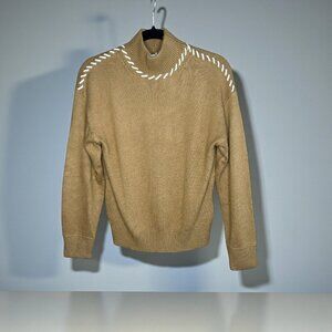 Crescent Sweater Camel Tan Whip Stitch Cashmere Wool Blend Mock Neck Size XS